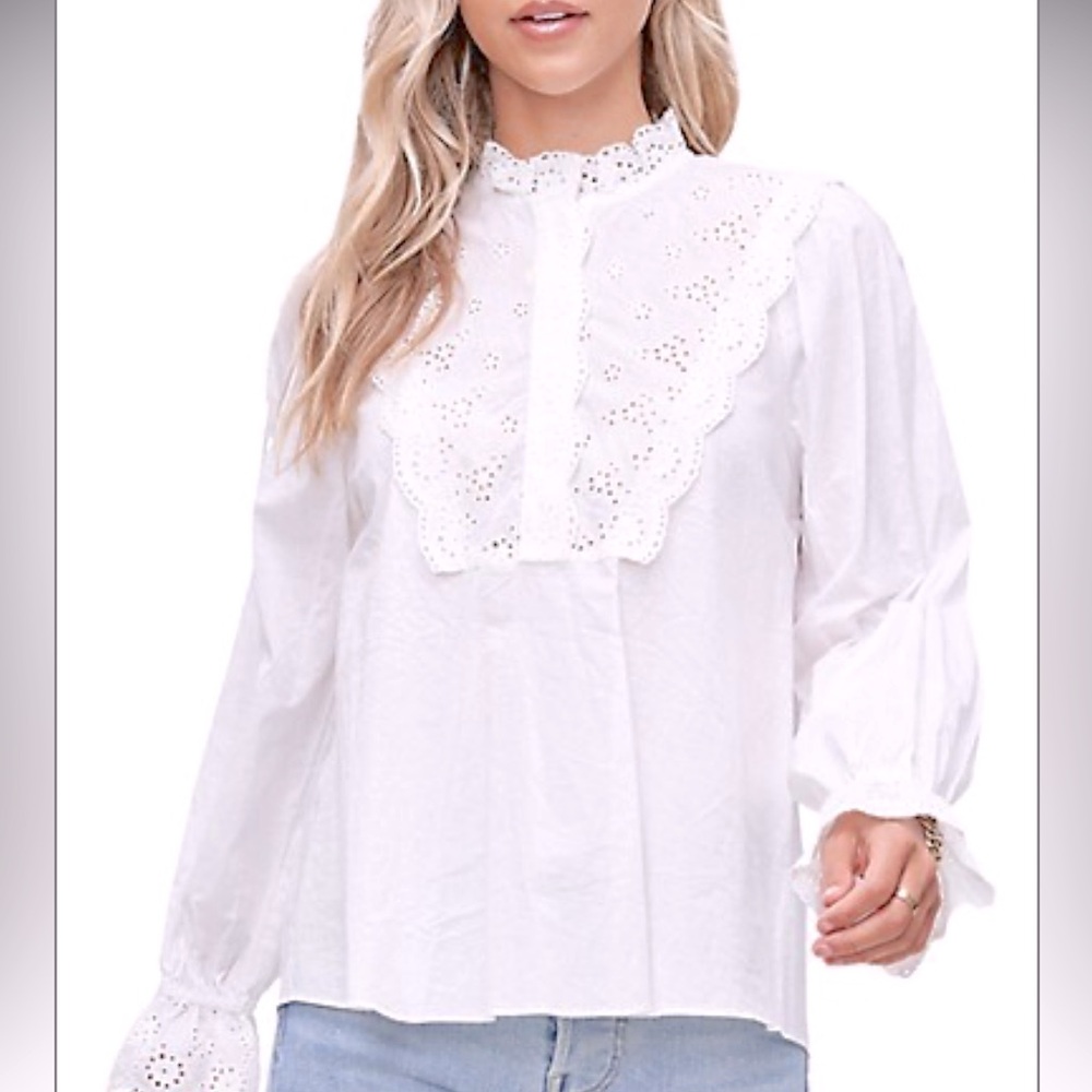 White Eyelet Ruffle Blouse - En Saison - XS